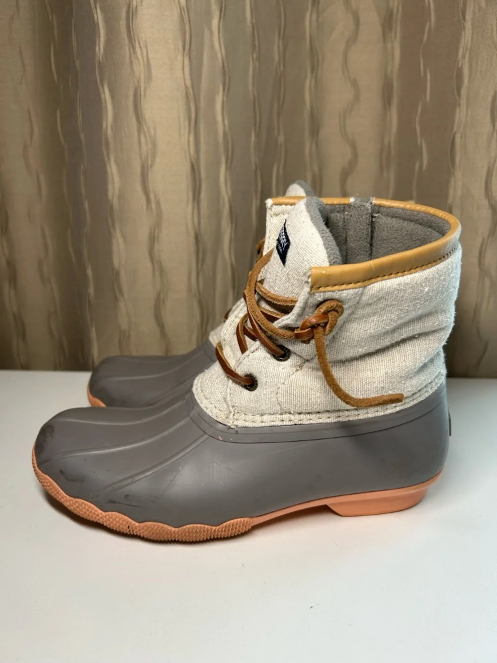 Sperry Saltwater Sport Girl's 3M Duck Boot Side Zip Gray Tan Peach STK164544